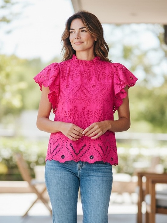 Avara Tops - Avara Hot Pink Eyelet Lace Ruffle Sleeve Top, Size Medium